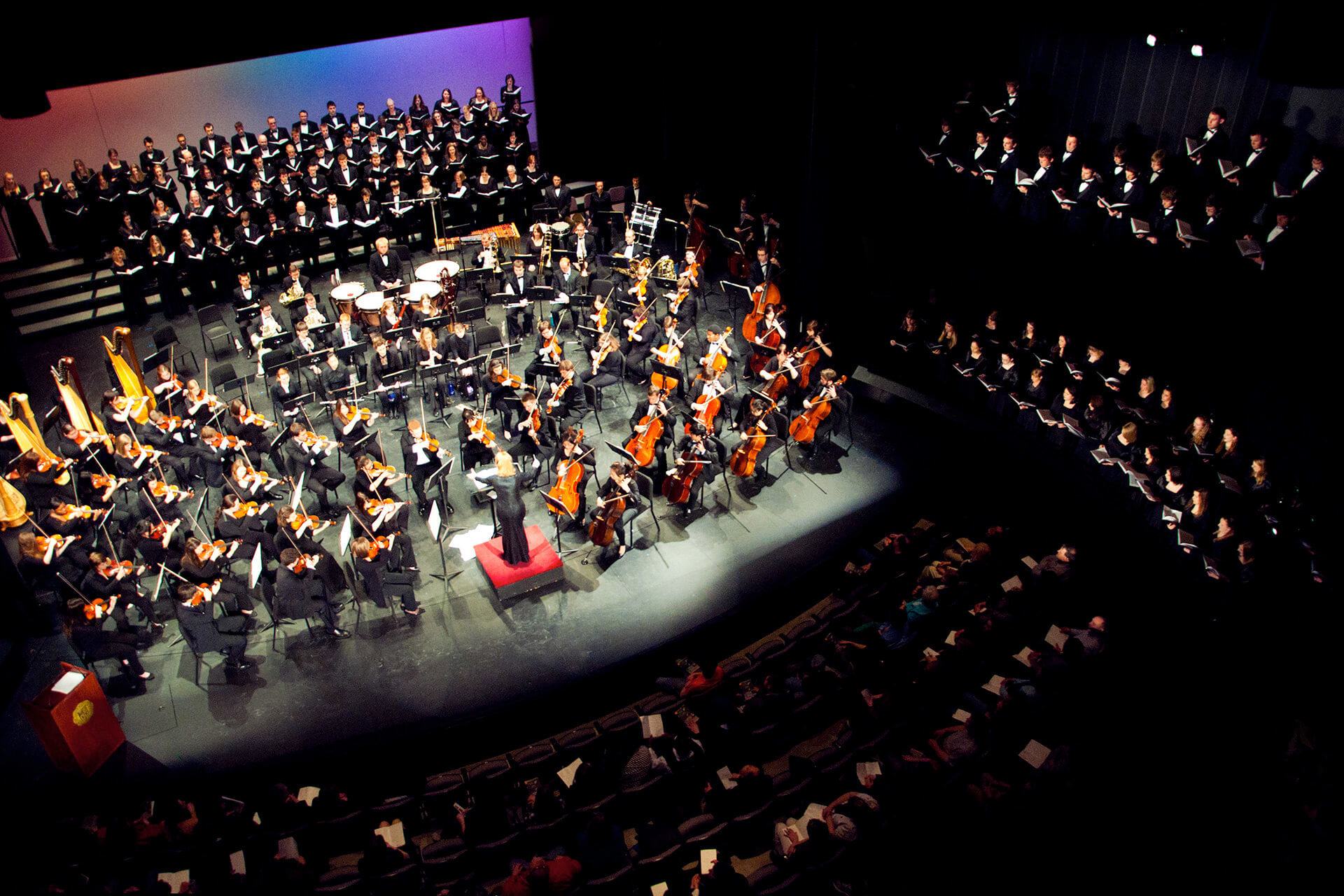 An orchestra on a stage.