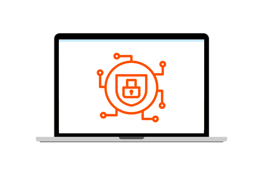 laptop with orange chat bubble graphiv