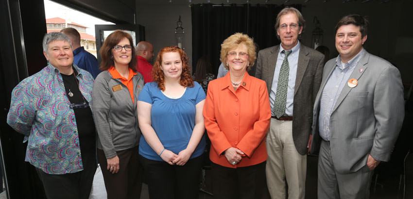 L-R Jane Rosser, Director, Center for Community and Civic Engagement, Instructor Laney Fugett, student Chelsea Ann Ramey, Dr. Mary Ellen Mazey, George Bullerjahn, professor and Eric Wobser, Sandusky City Manager.